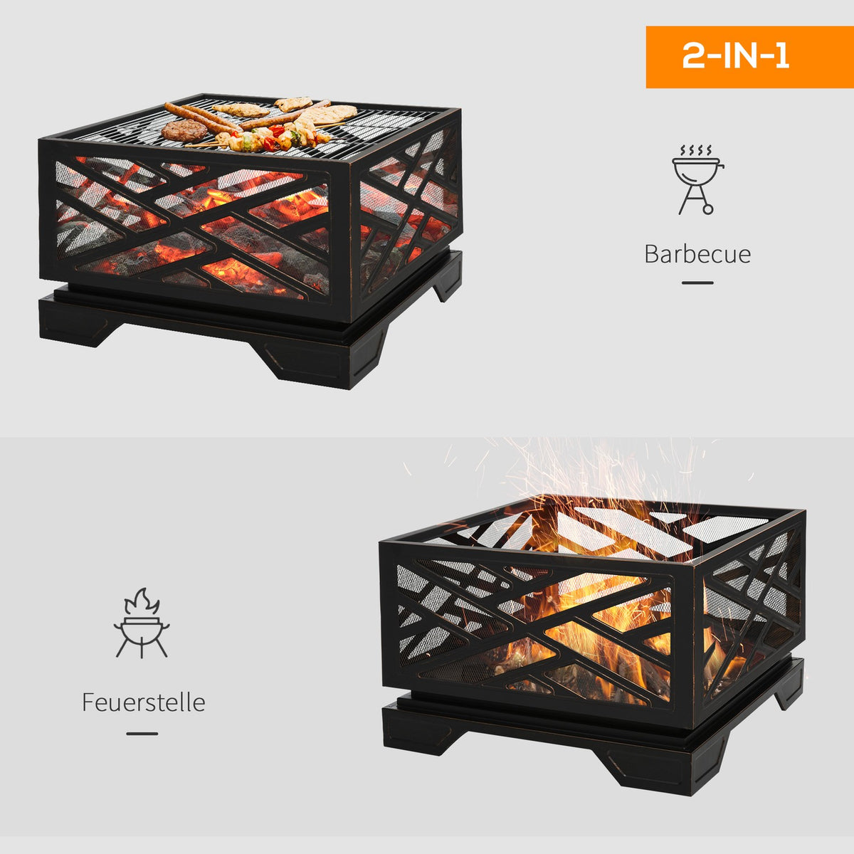 Fire bowl with spark protection, fire basket with grill grate & poker, 2-in-1 BBQ grill, metal, black, 66x66x66cm