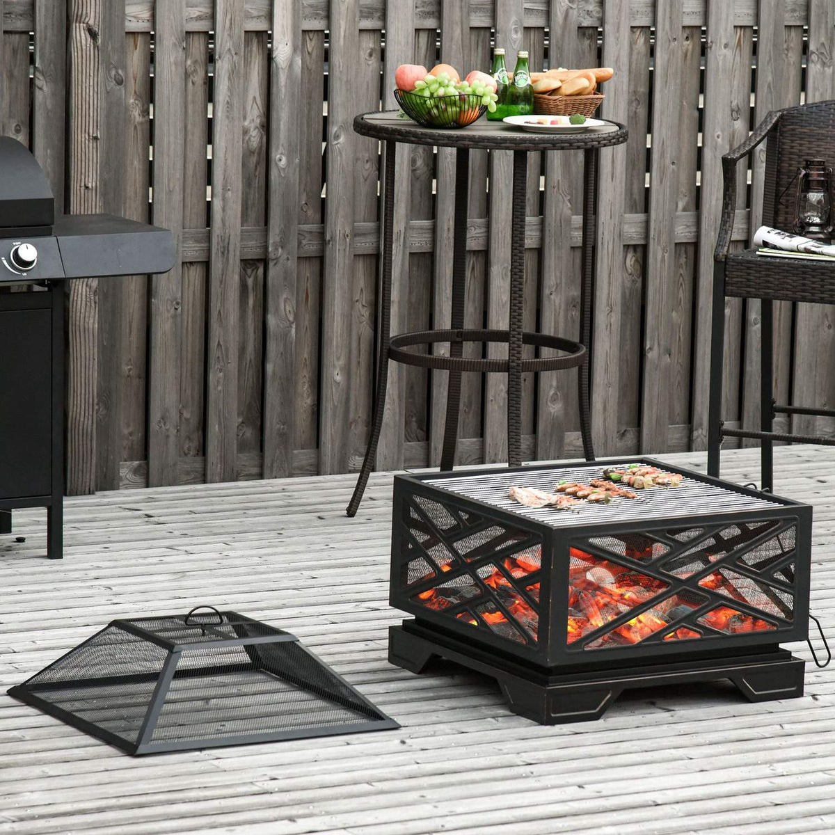 Fire bowl with spark protection, fire basket with grill grate & poker, 2-in-1 BBQ grill, metal, black, 66x66x66cm