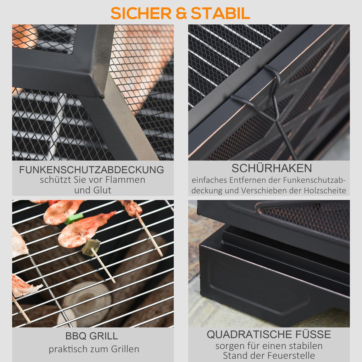 Fire bowl with spark protection, fire basket with grill grate & poker, 2-in-1 BBQ grill, metal, black, 66x66x66cm
