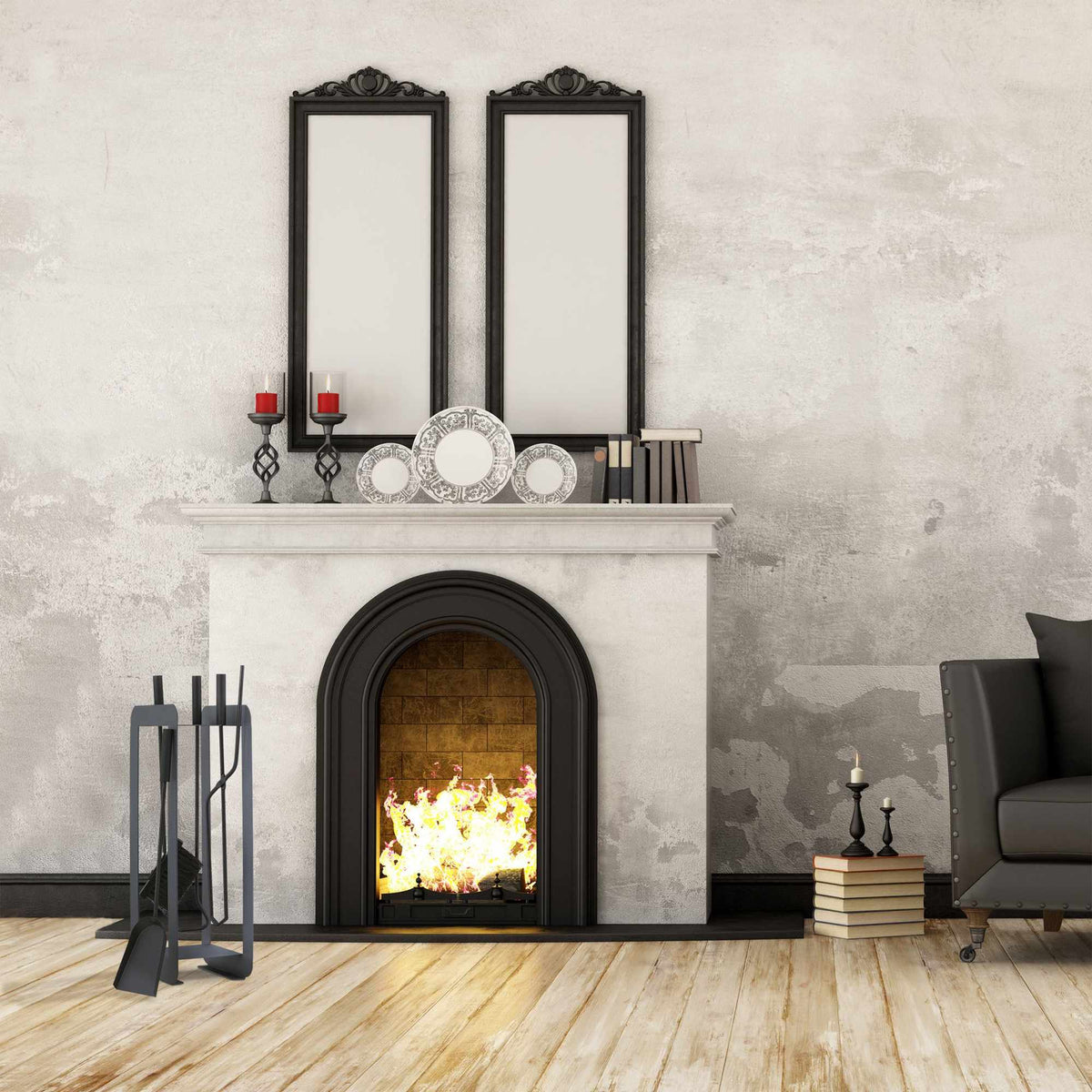 Fireplace 5 parts in grey/black
