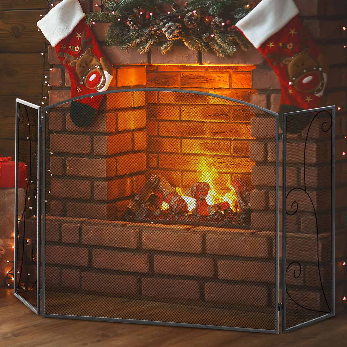 Fireplace Grille, Fireplace Protection Grille With 3 Panels, Folding Spark Protection Grille, Oven Protection Grille For Living Room, Metal, Black 132.5 X 76.5Cm