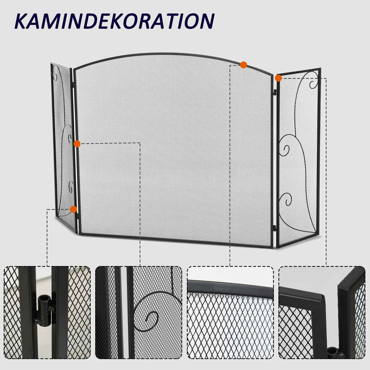 Fireplace Grille, Fireplace Protection Grille With 3 Panels, Folding Spark Protection Grille, Oven Protection Grille For Living Room, Metal, Black 132.5 X 76.5Cm