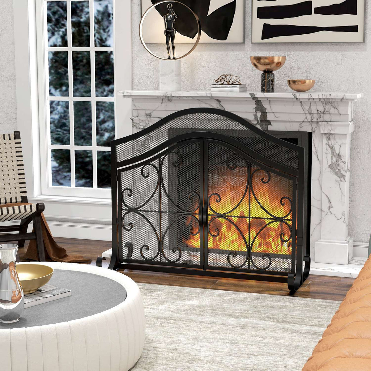 Fireplace Guard, Fireplace Gate with Magnetic Doors, Oven Guard, Spark Guard for Living Room, Steel, 105 x 80.5 cm, Black