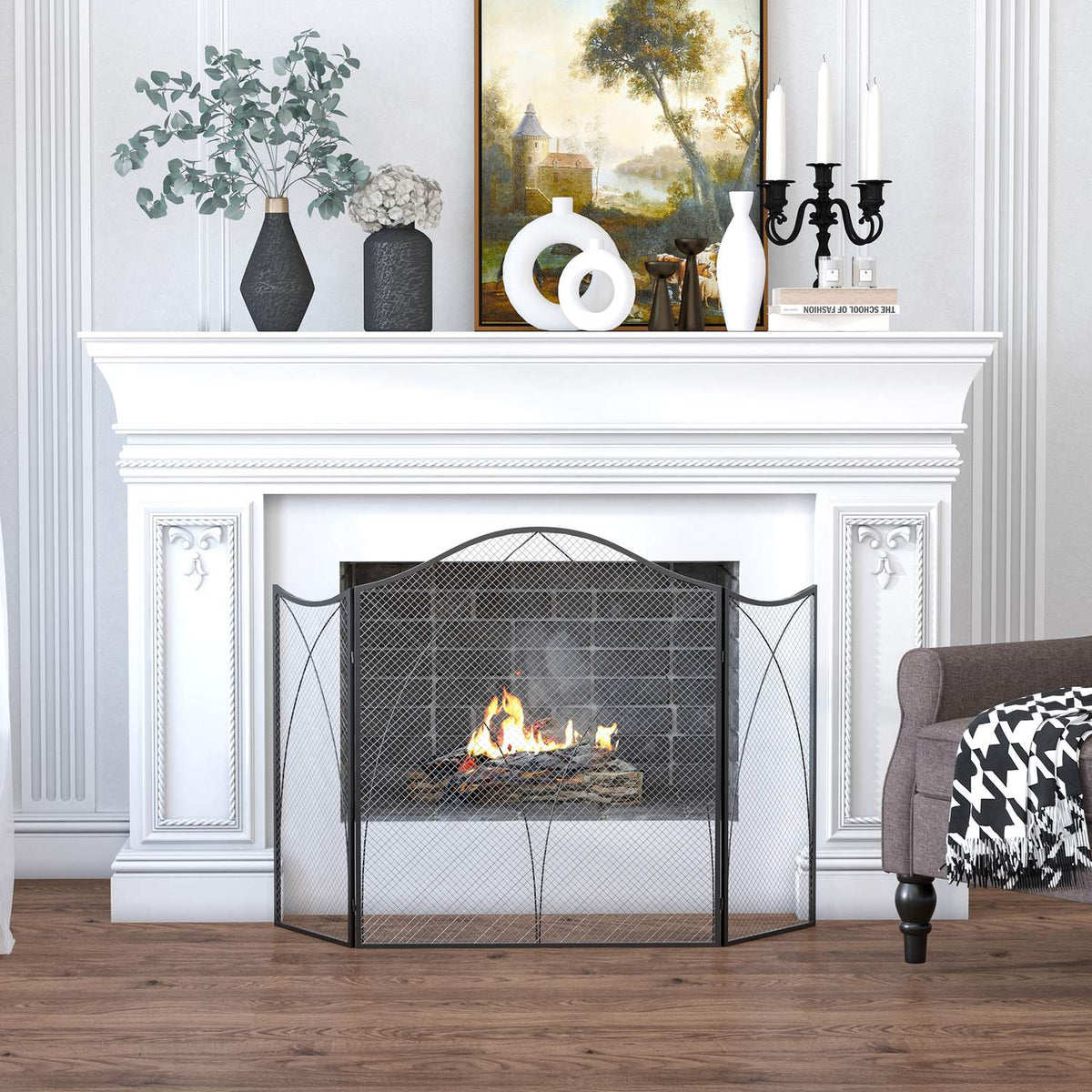 Fireplace Guard, Folding Fireplace Gate with 3 Panels, Oven Guard, Spark Guard for Living Room, Metal, 126 x 76cm, Black