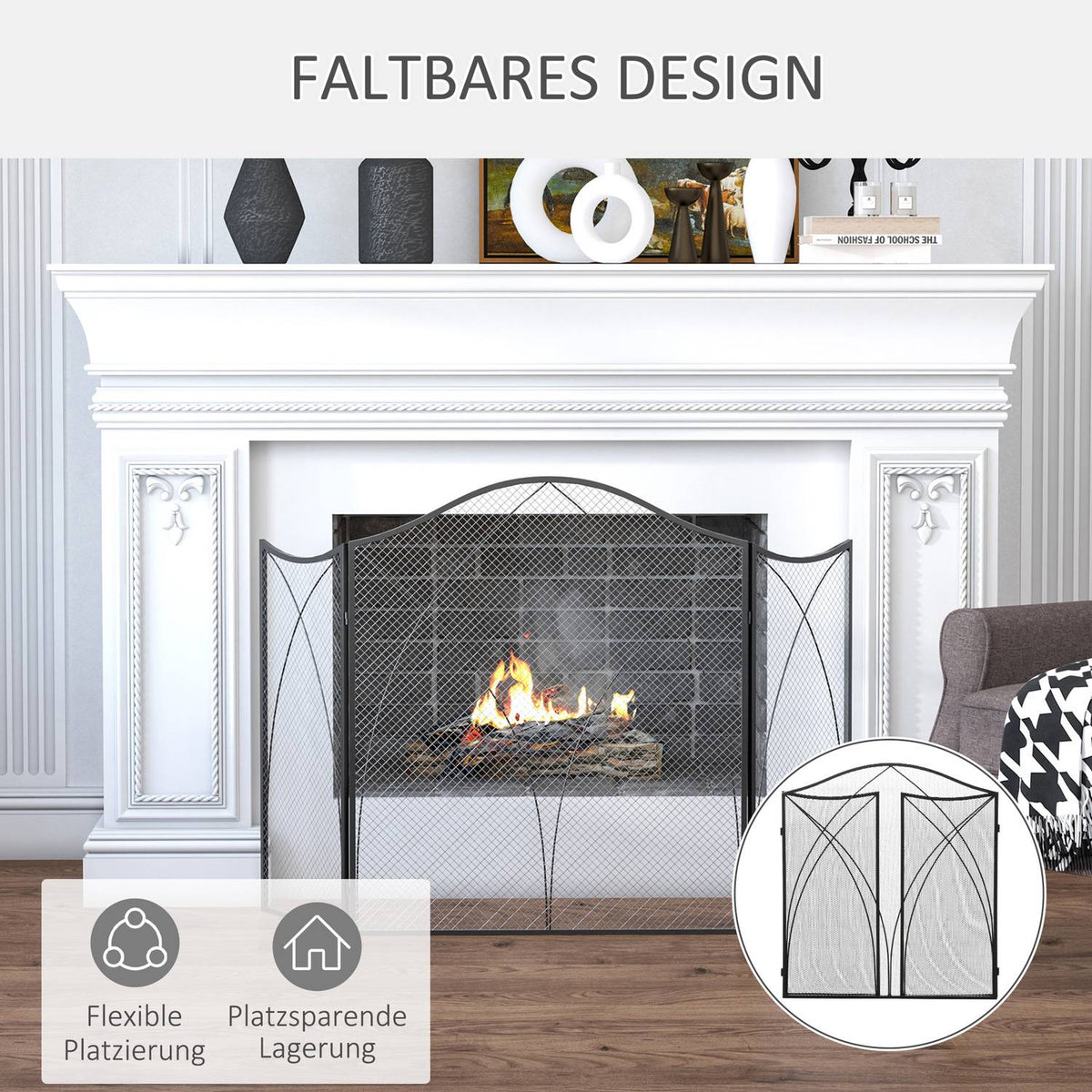 Fireplace Guard, Folding Fireplace Gate with 3 Panels, Oven Guard, Spark Guard for Living Room, Metal, 126 x 76cm, Black