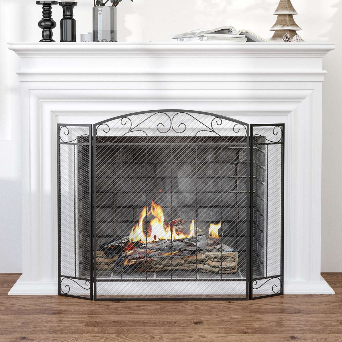Fireplace Guard, Folding Fireplace Gate with 3 Panels, Oven Guard, Spark Guard for Living Room, Steel, 105 x 80.5cm, Black