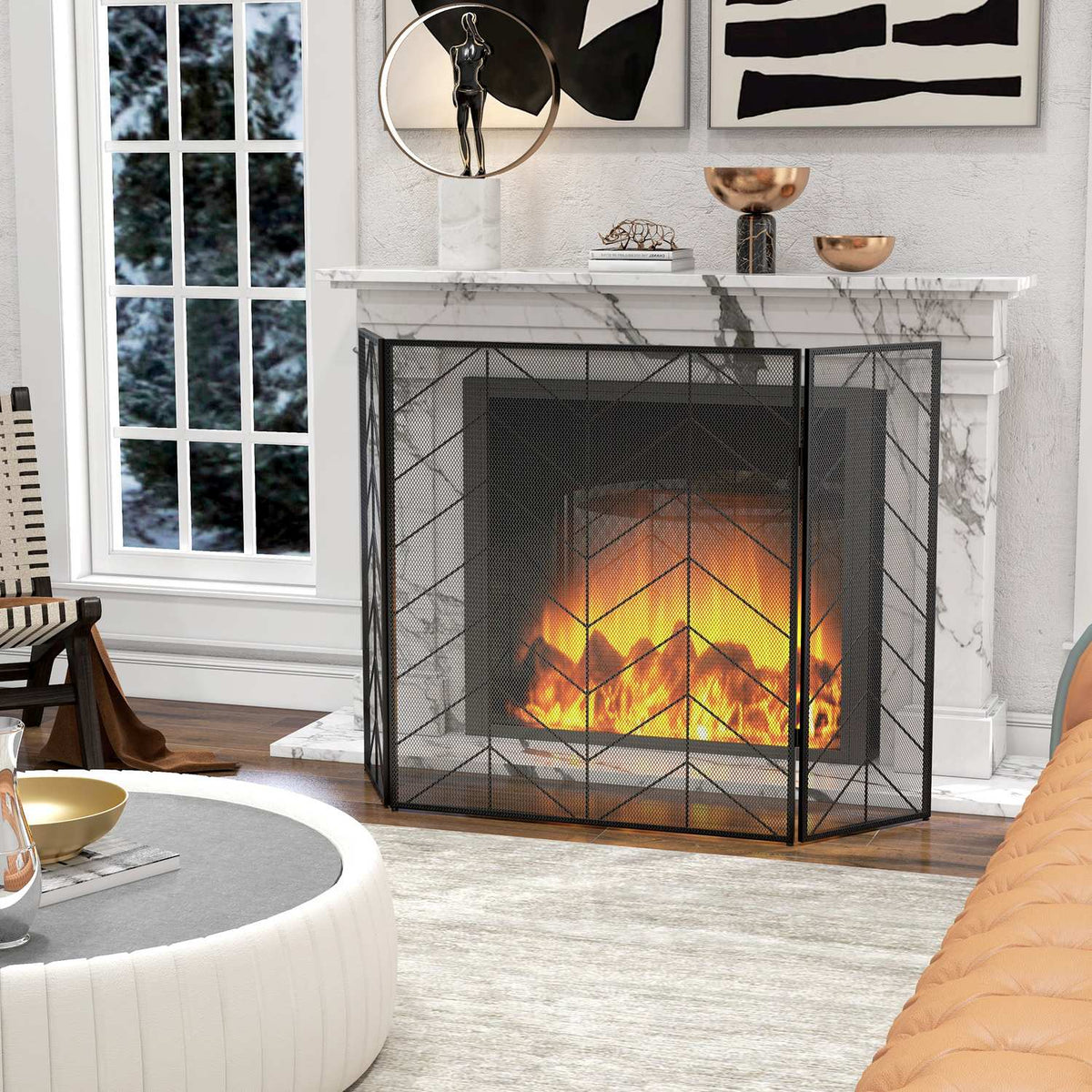 Fireplace Guard, Folding Fireplace Gate with 3 Panels, Oven Guard, Spark Guard for Living Room, Steel, 135 x 85cm, Black