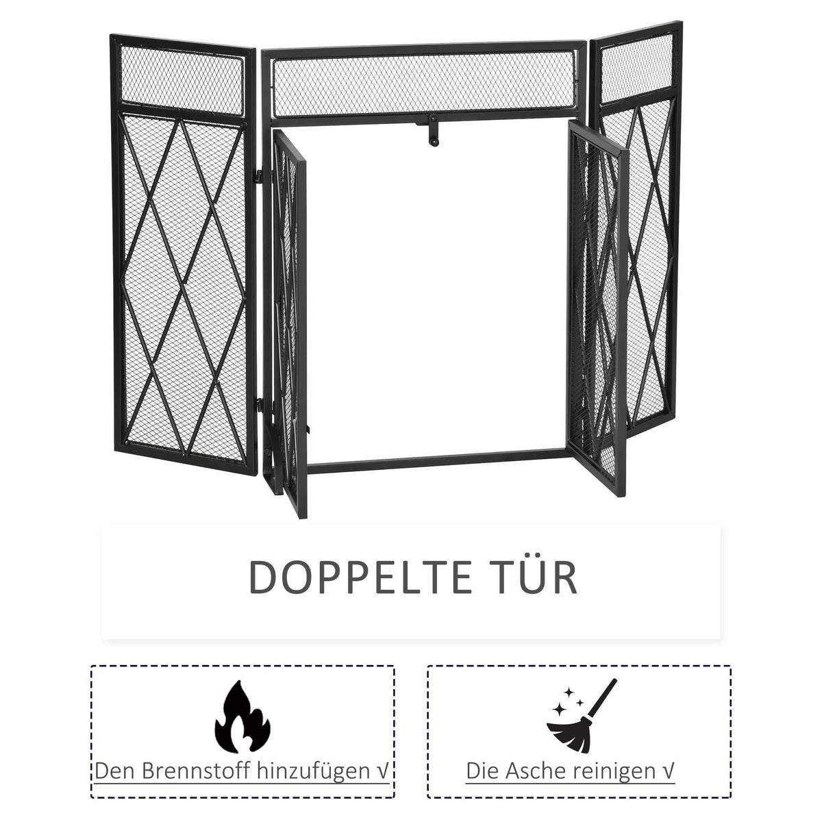Fireplace Screen, Foldable 3-Panel, Black Metal 120x79 cm