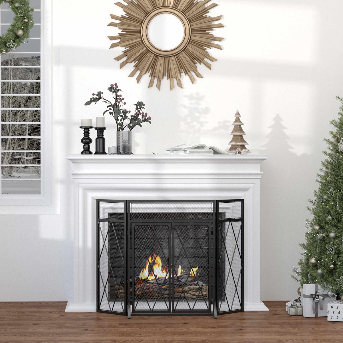 Fireplace Screen, Foldable 3-Panel, Black Metal 120x79 cm