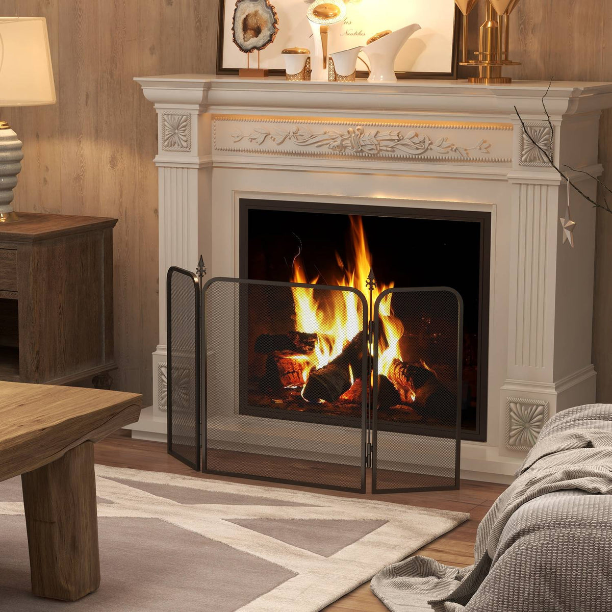 Fireplace Screen, Foldable Fireplace Screen with 3 Panels, Spark Guard for Living Room, Bedroom, Metal, 96x56cm, Black