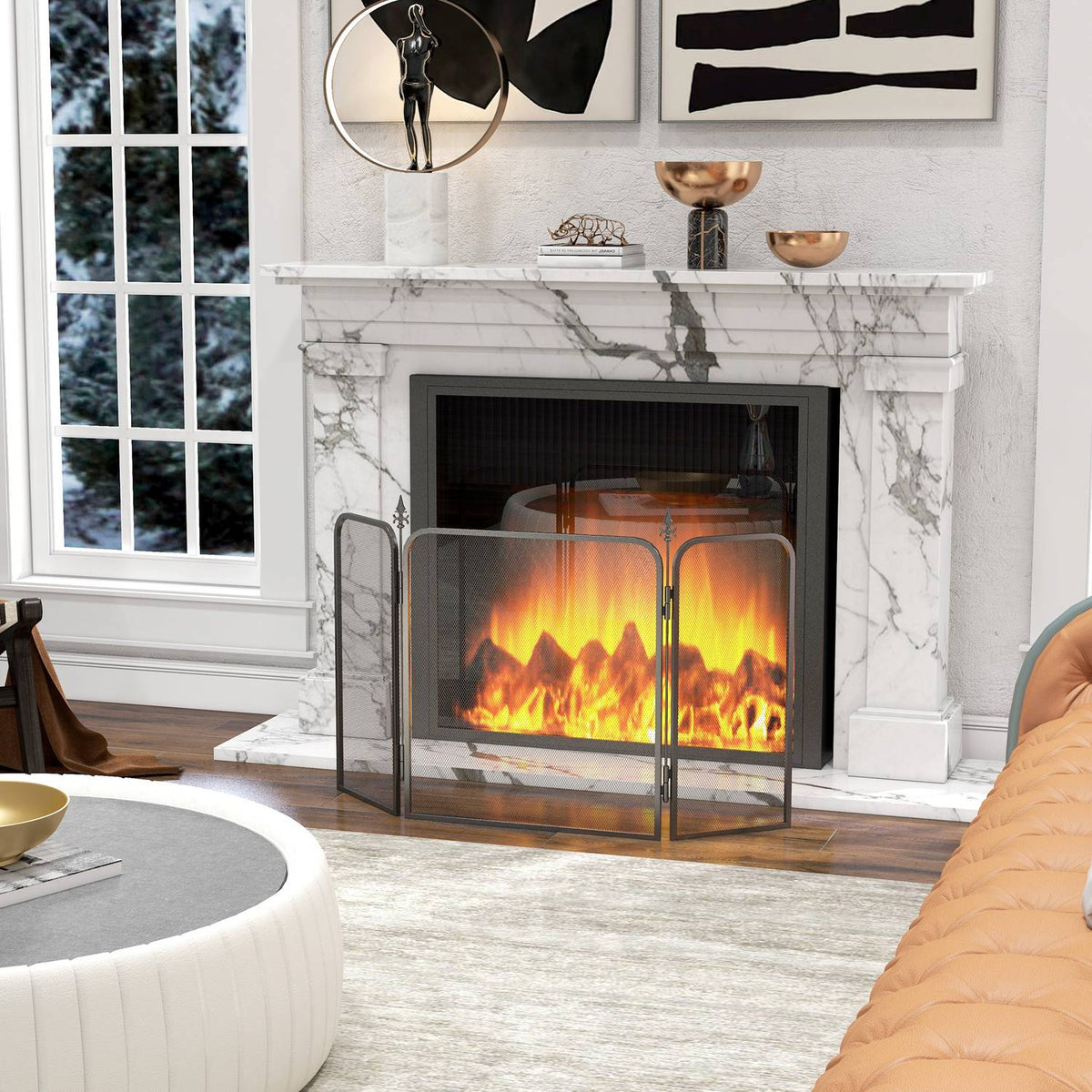 Fireplace Screen, Foldable Fireplace Screen with 3 Panels, Spark Guard for Living Room, Bedroom, Metal, 96x56cm, Black