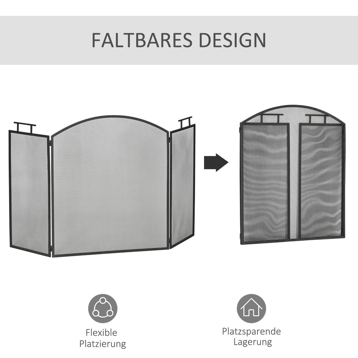 Fireplace Screen, Foldable Metal Spark Guard, Black, 110x24x76.5 cm