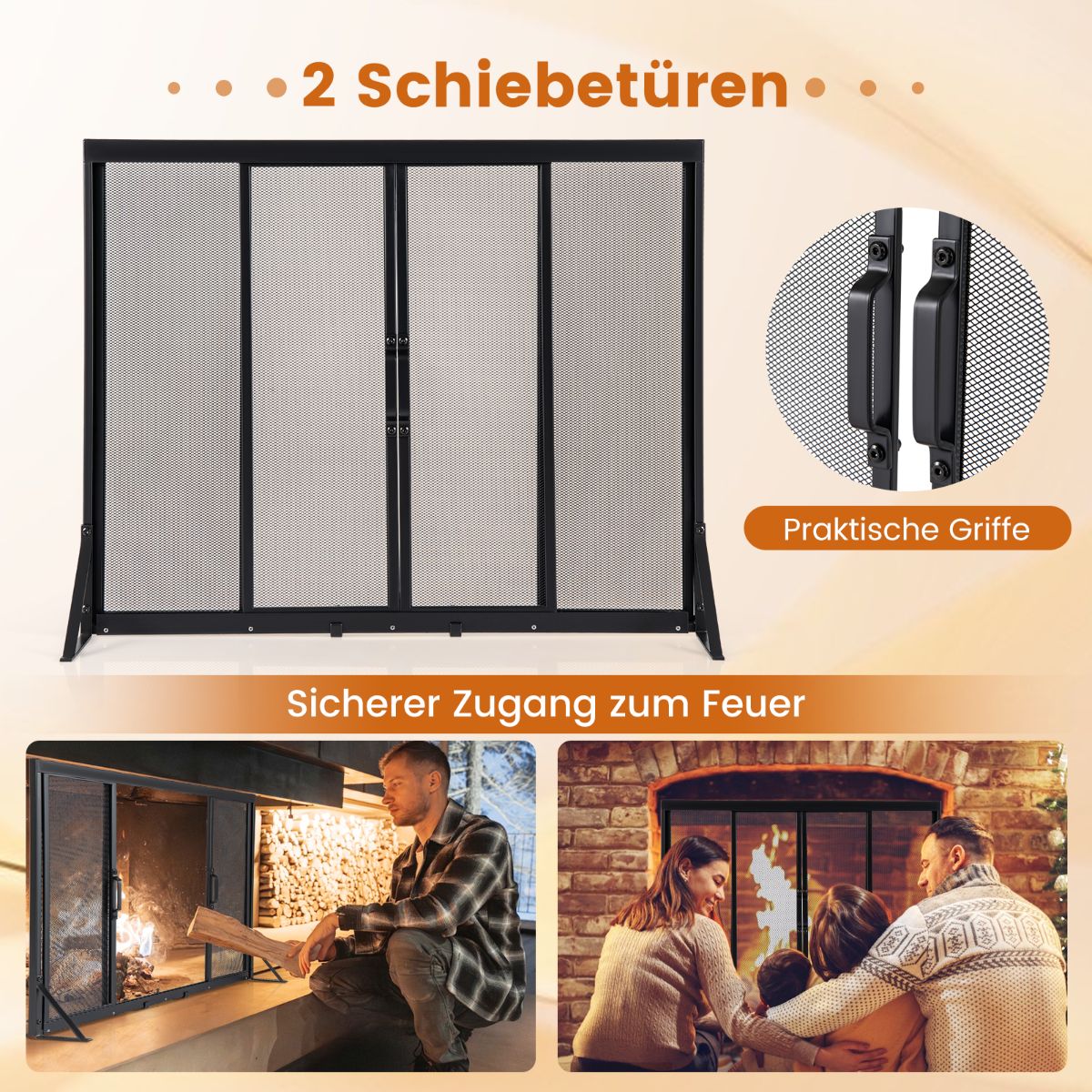 Fireplace Screen with Sliding Doors, 89 x 72 cm, Metal Mesh