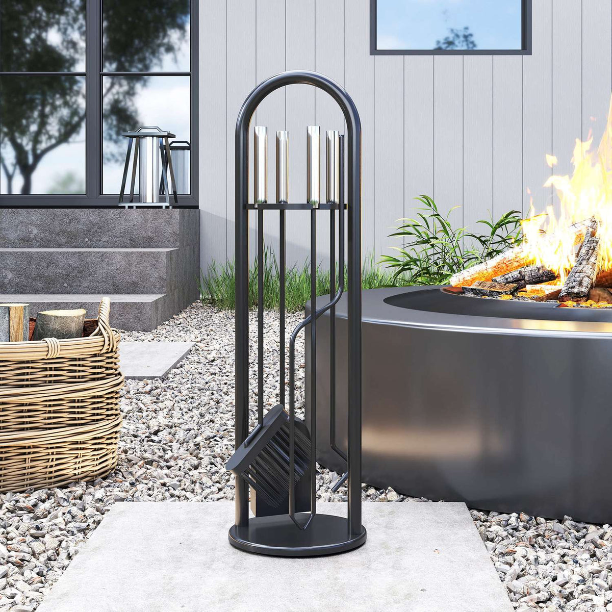 Fireplace Tool Set, 5-Piece with Stand, Brush, Shovel, Poker, Tongs