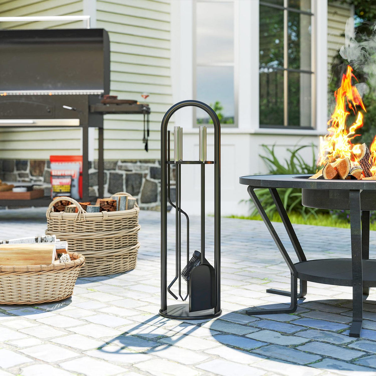 Fireplace Tool Set, 5-Piece with Stand, Brush, Shovel, Poker, Tongs