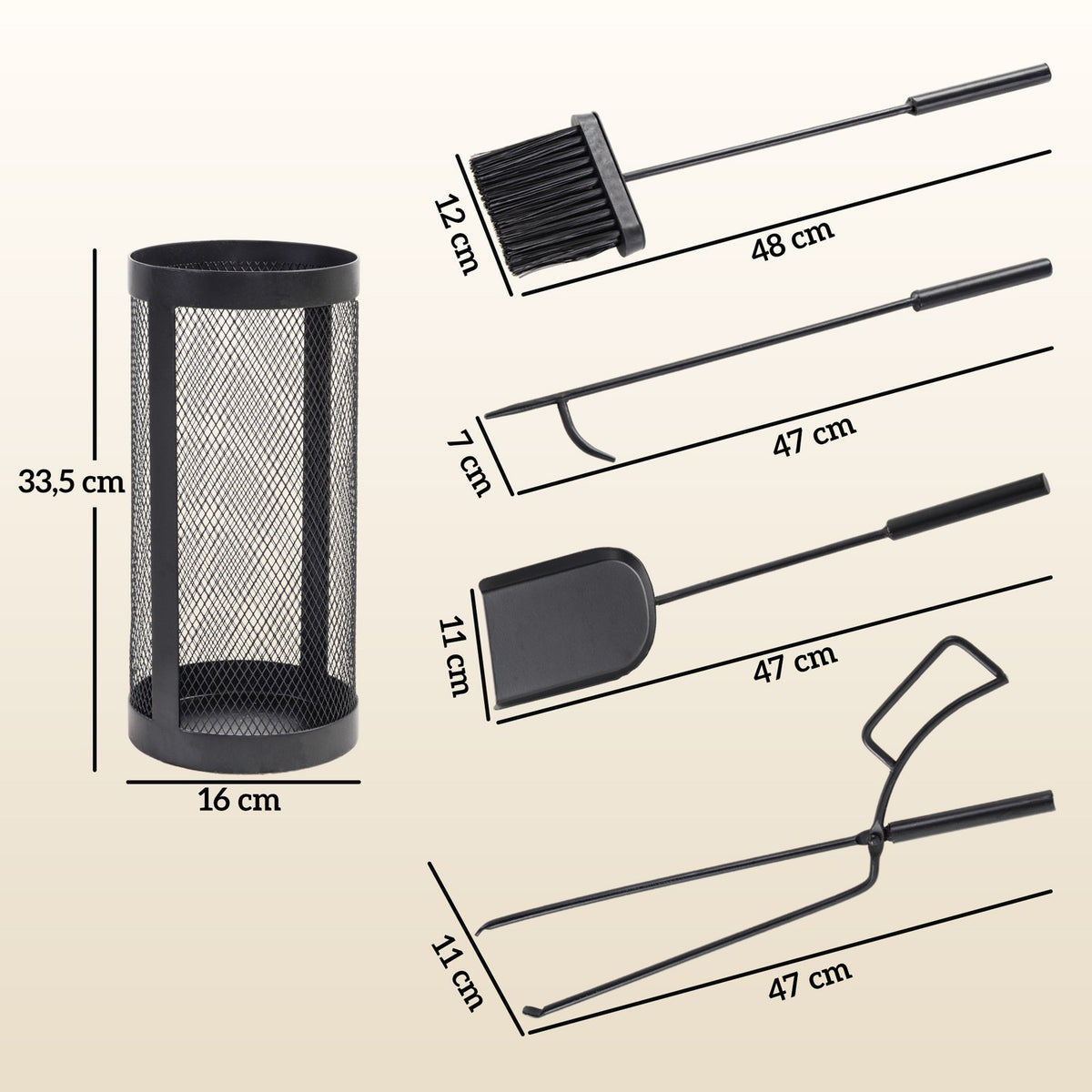 Fireplace cutlery set 5-piece fireplace accessories with broom, shovel, tongs, poker and basket, fireplace set, metal, black