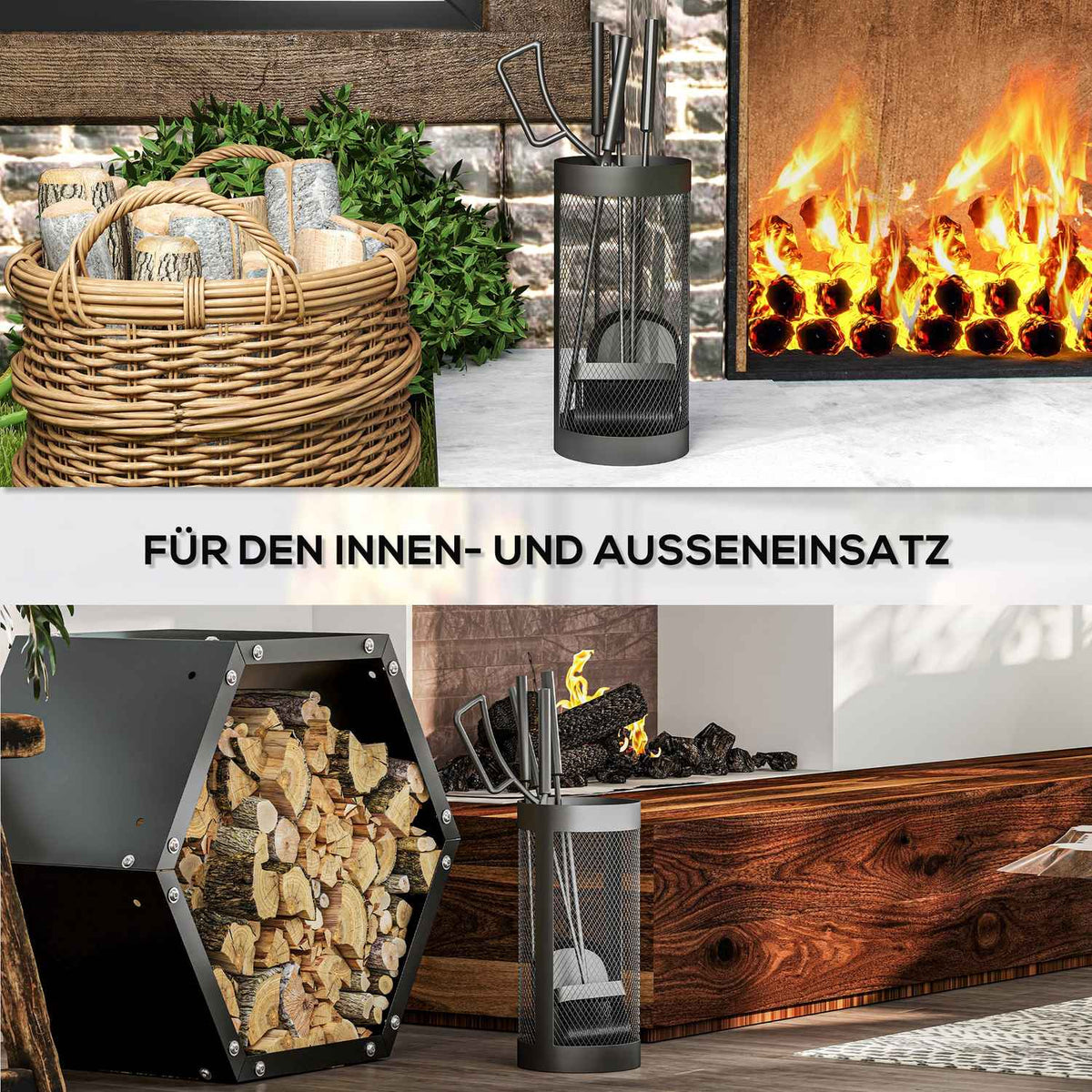 Fireplace cutlery set 5-piece fireplace accessories with broom, shovel, tongs, poker and basket, fireplace set, metal, black