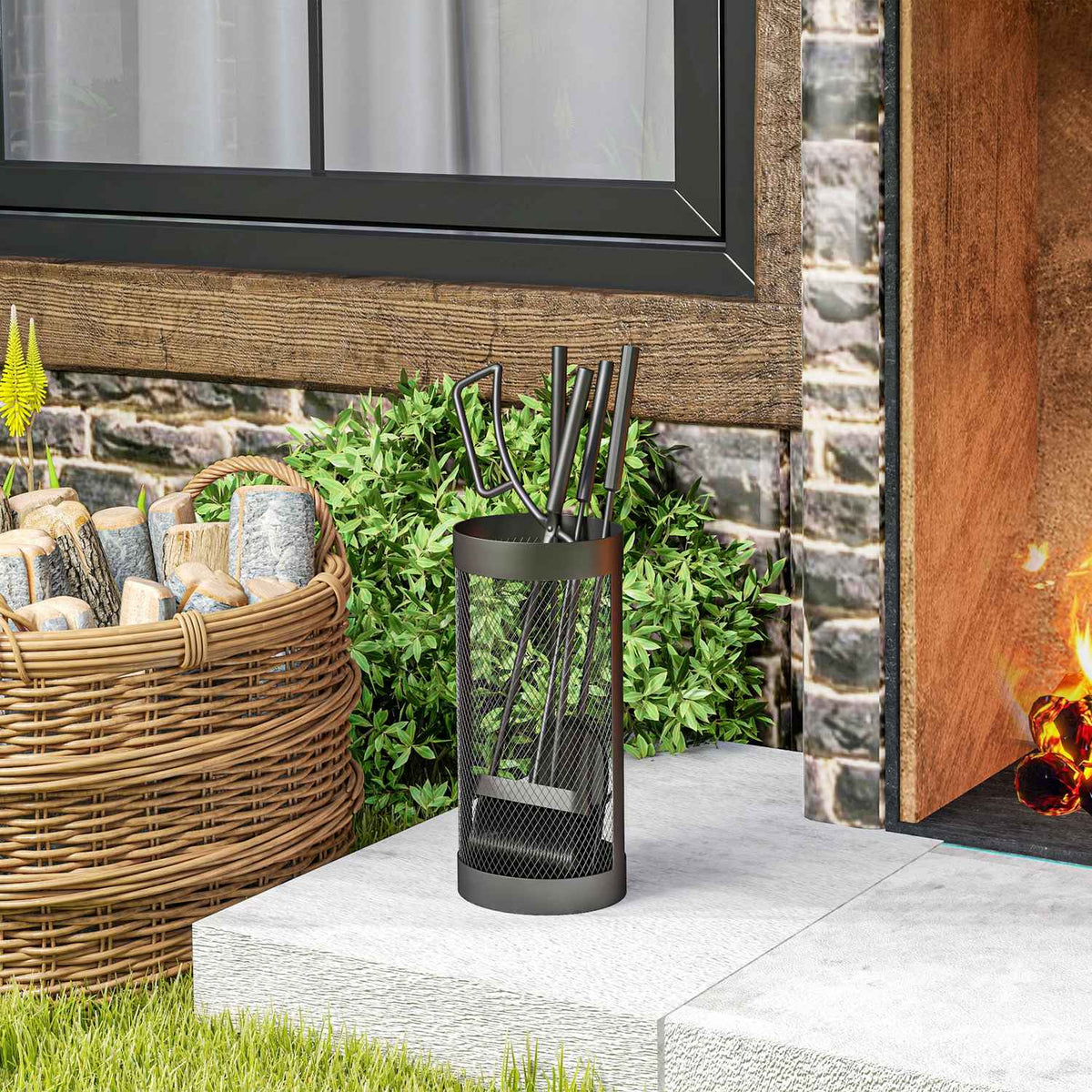 Fireplace cutlery set 5-piece fireplace accessories with broom, shovel, tongs, poker and basket, fireplace set, metal, black