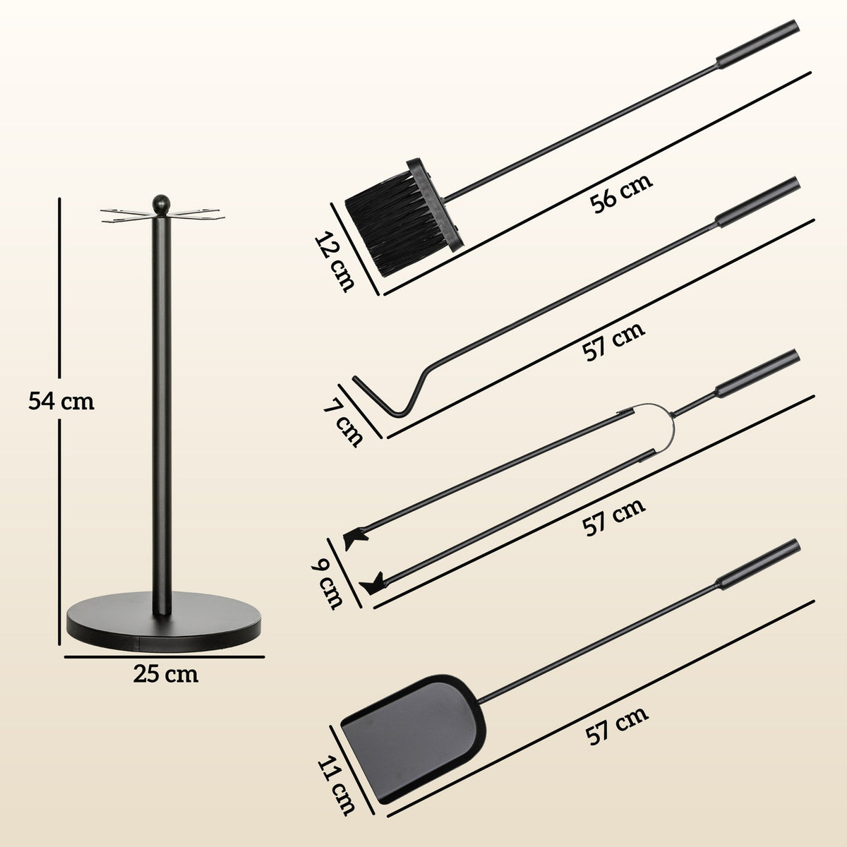 Fireplace cutlery set 5 pieces fireplace accessories with shovel, broom, tongs, poker and stand, fireplace set, metal, black