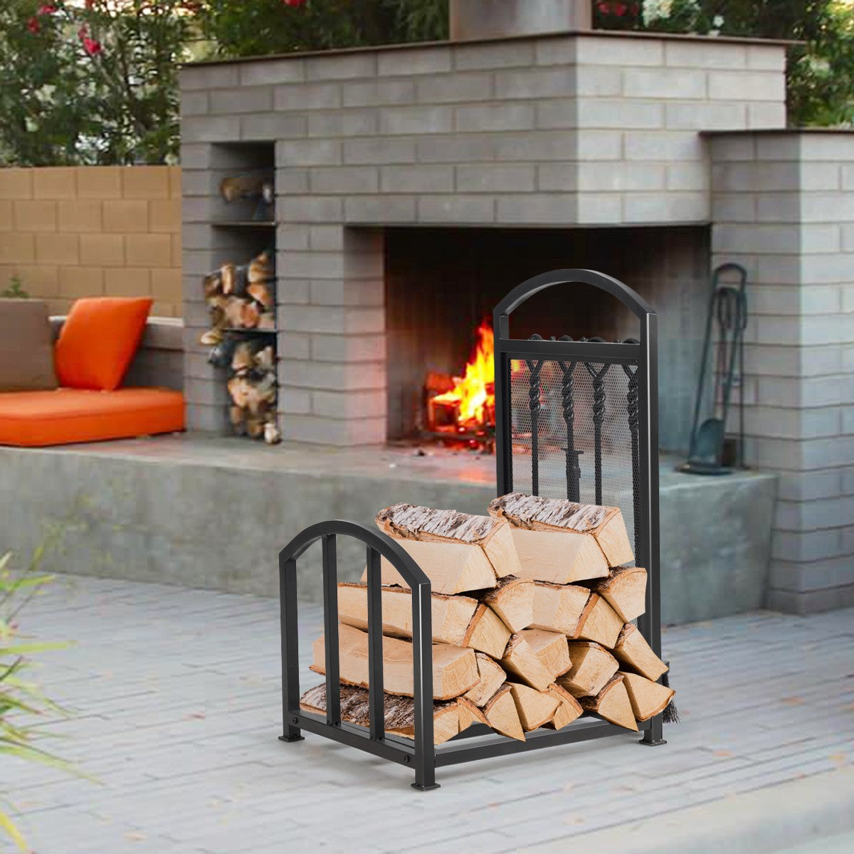 Firewood Log Rack with 4 Fireplace Tools, Steel, Black