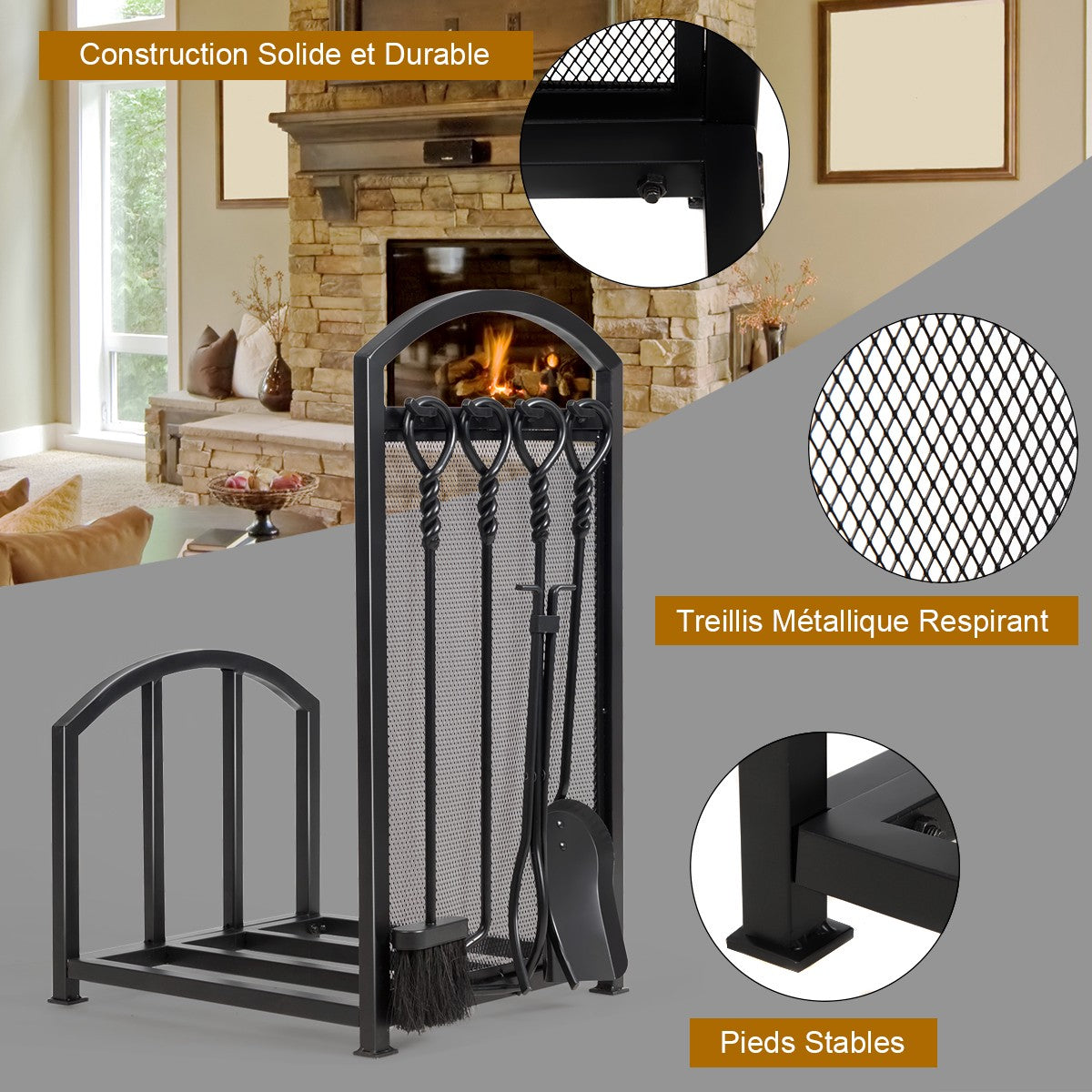 Firewood Log Rack with 4 Fireplace Tools, Steel, Black