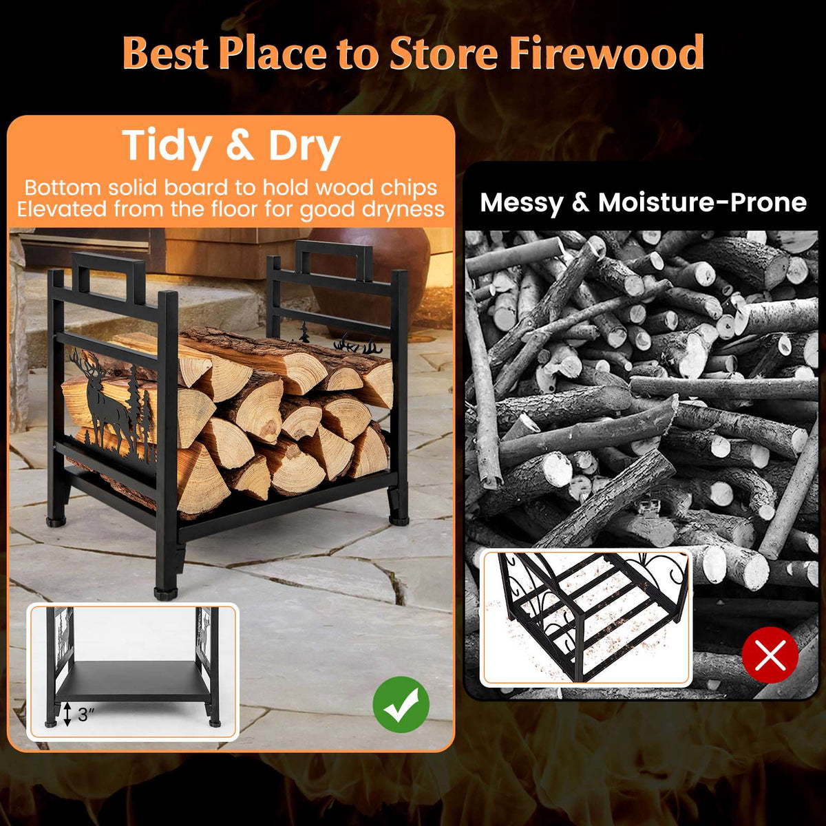 Firewood Rack, 18.5 Inch Metal Log Holder With Handles