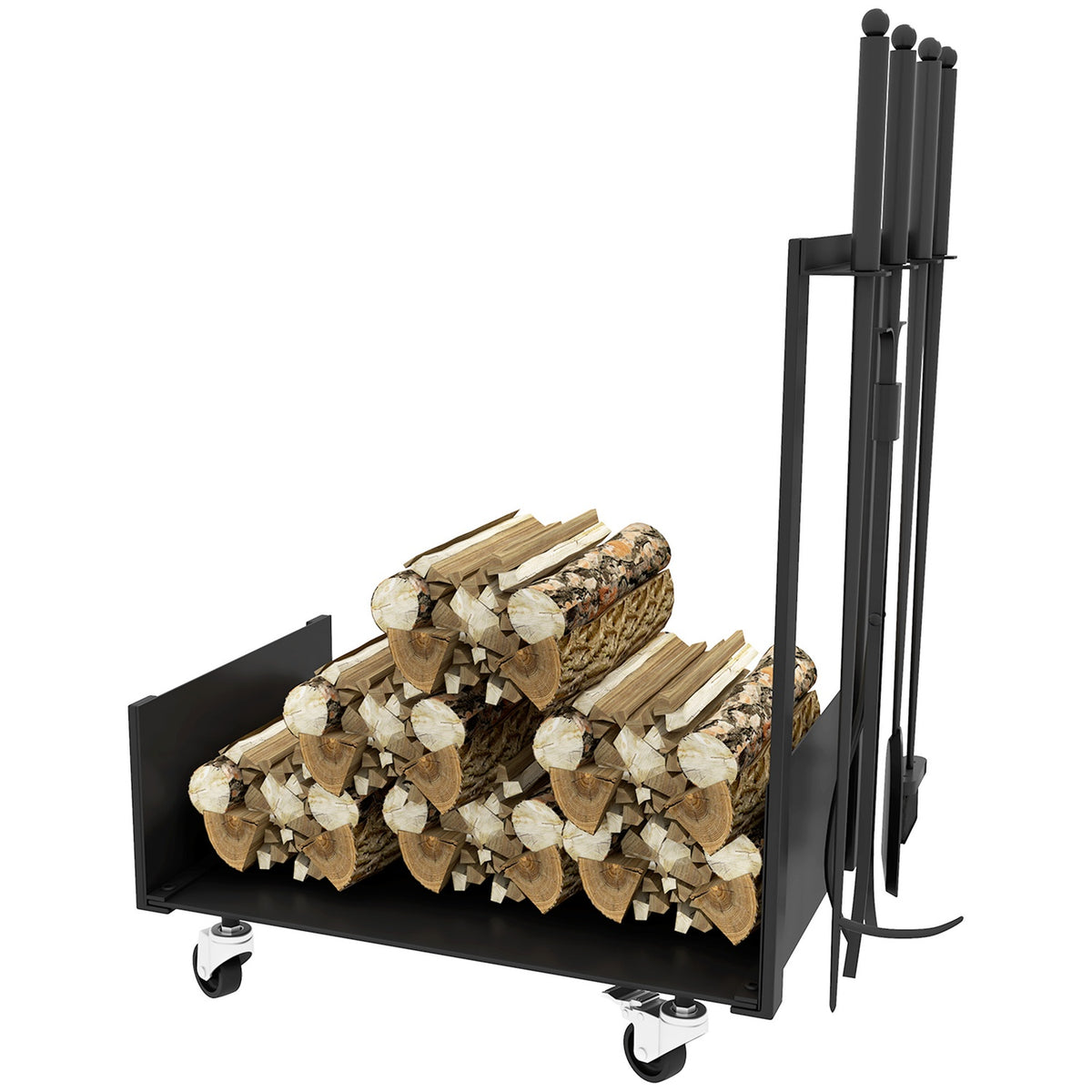 Firewood Rack 48 x 30 x 76 cm Firewood Rack with Wheels, Shovel, Broom, Poker, Tongs, Side Hooks, Firewood Rack for Outdoor, Indoor, Metal, Black