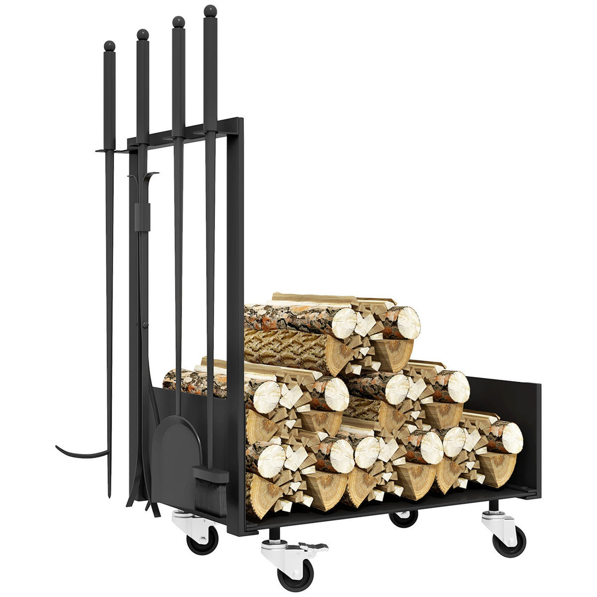 Firewood Rack 48 x 30 x 76 cm Firewood Rack with Wheels, Shovel, Broom, Poker, Tongs, Side Hooks, Firewood Rack for Outdoor, Indoor, Metal, Black