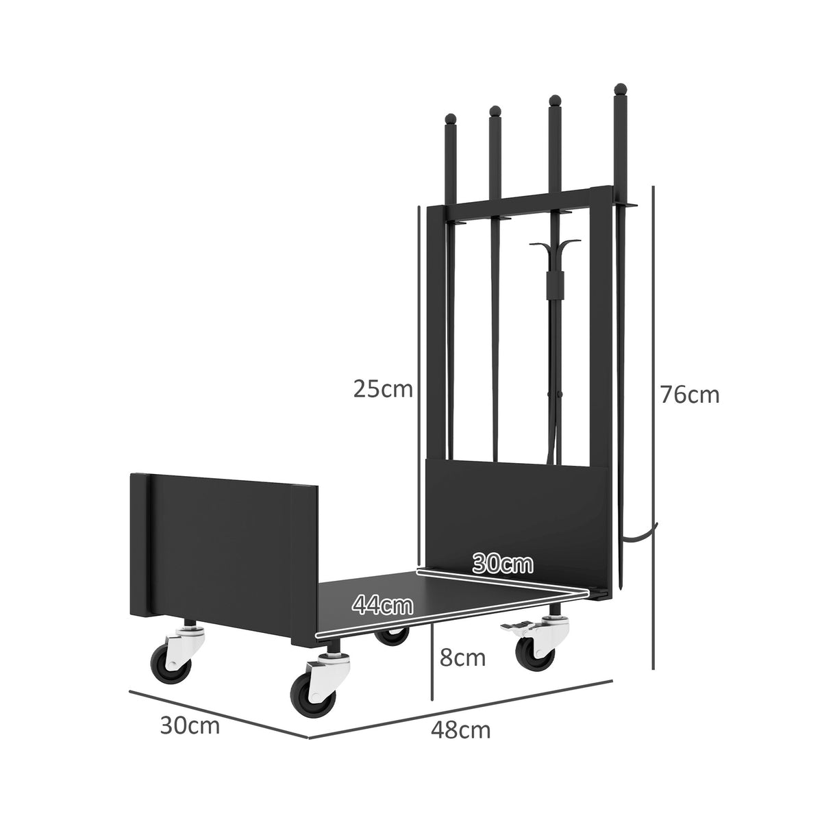 Firewood Rack 48 x 30 x 76 cm Firewood Rack with Wheels, Shovel, Broom, Poker, Tongs, Side Hooks, Firewood Rack for Outdoor, Indoor, Metal, Black