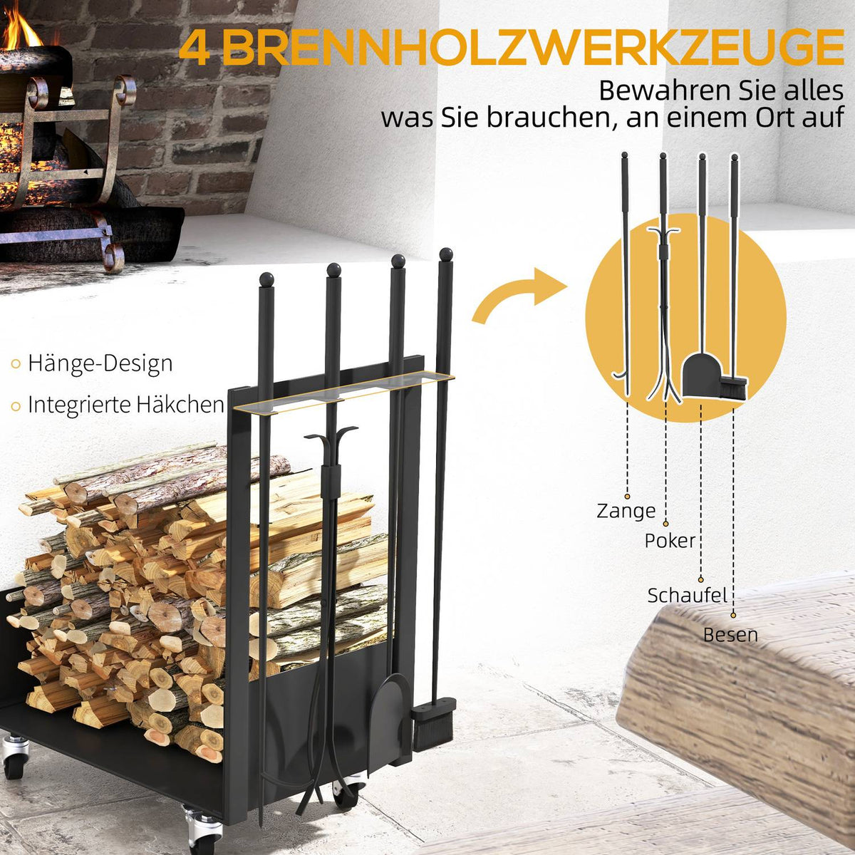 Firewood Rack 48 x 30 x 76 cm Firewood Rack with Wheels, Shovel, Broom, Poker, Tongs, Side Hooks, Firewood Rack for Outdoor, Indoor, Metal, Black
