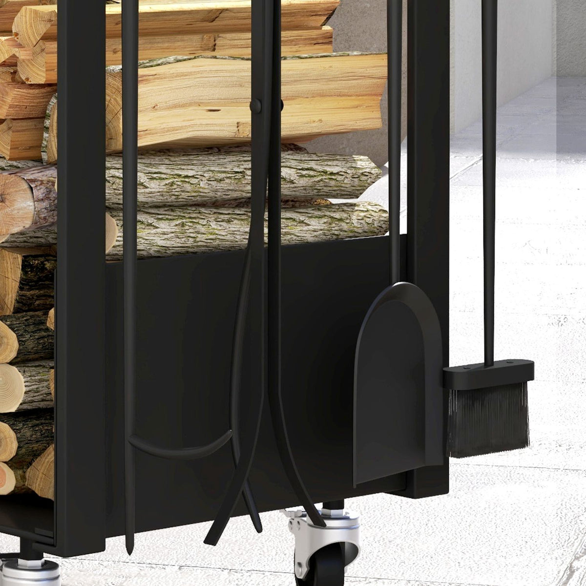 Firewood Rack 48 x 30 x 76 cm Firewood Rack with Wheels, Shovel, Broom, Poker, Tongs, Side Hooks, Firewood Rack for Outdoor, Indoor, Metal, Black