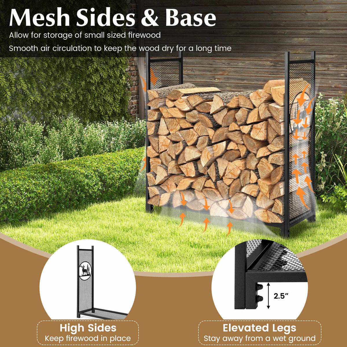 Firewood Rack, 4 Ft, Mesh Sides, 300 Lb Capacity