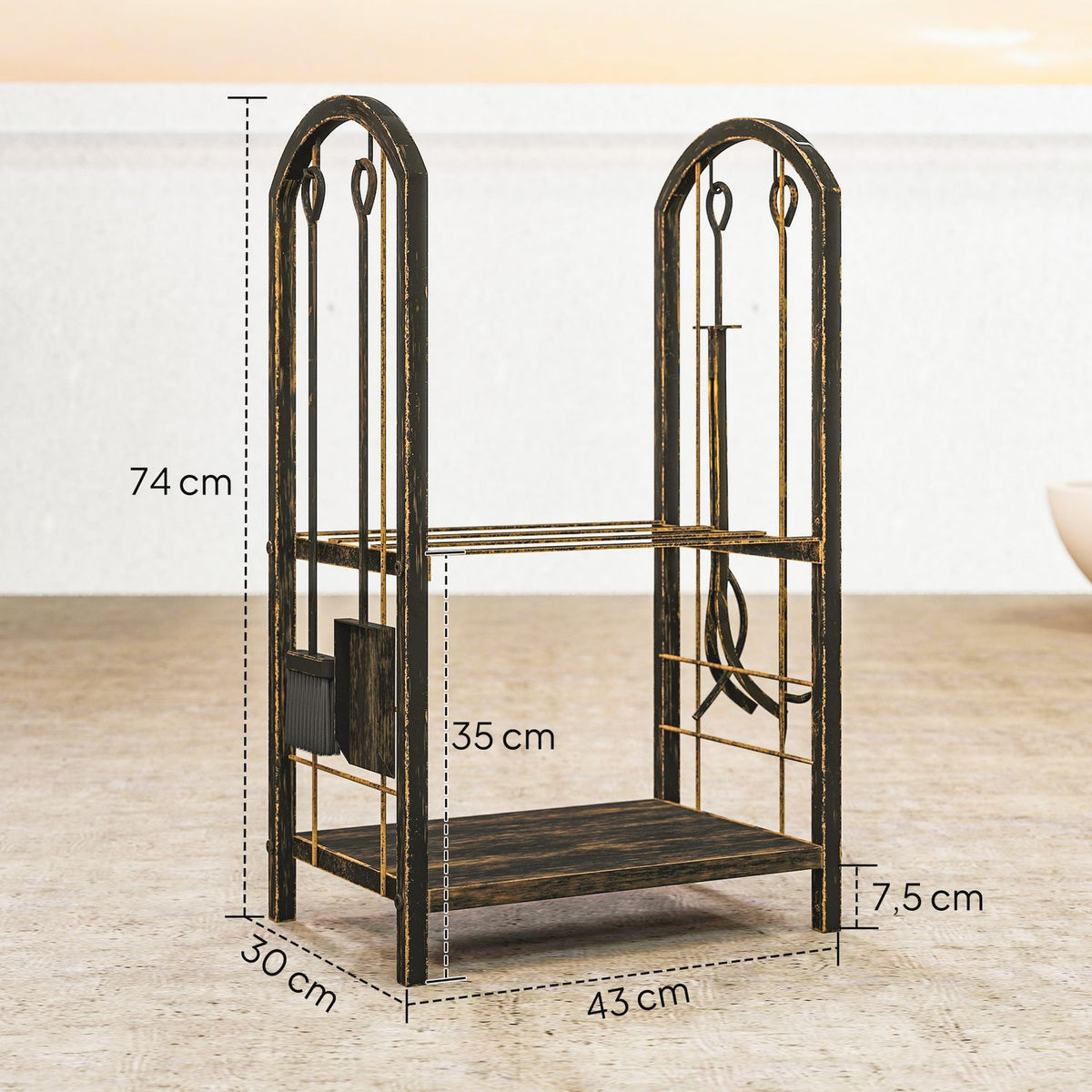 Firewood Rack Indoor 43x30x74cm, 2-Tier with Tools