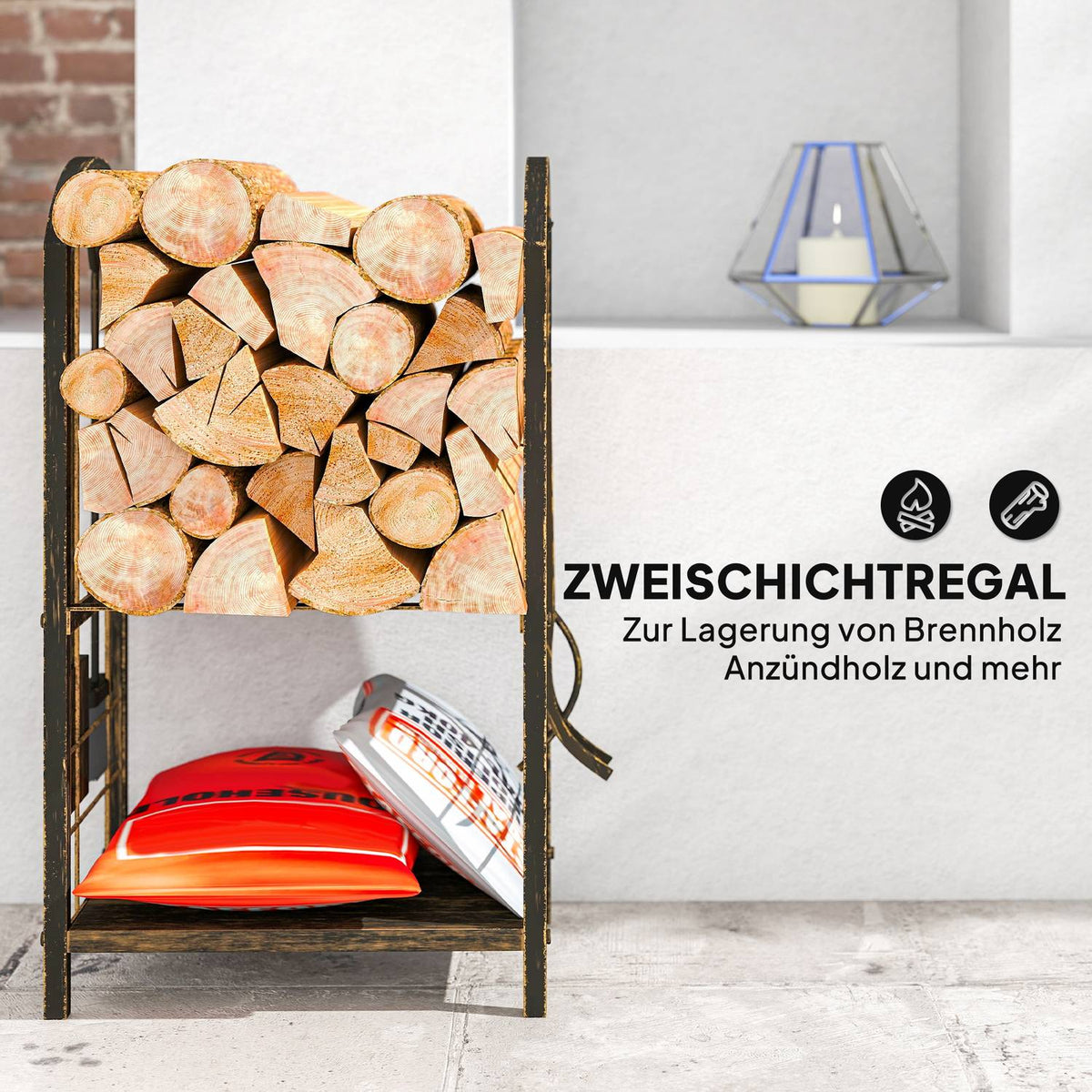Firewood Rack Indoor 43x30x74cm, 2-Tier with Tools