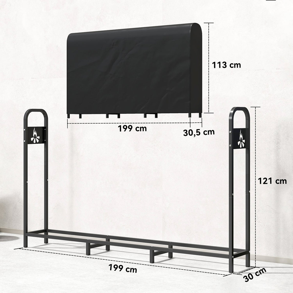 Firewood Rack, Metal, 199x30x121 cm, 300kg Capacity