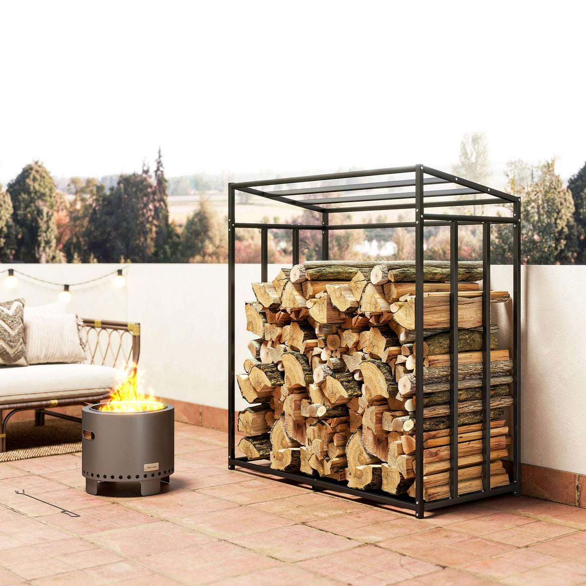 Firewood Rack, Steel, Cover, 300kg Capacity, 140x70x154 cm