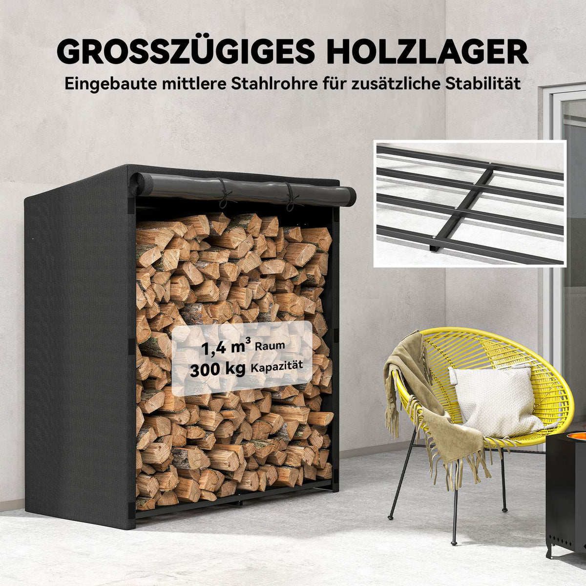 Firewood Rack, Steel, Cover, 300kg Capacity, 140x70x154 cm