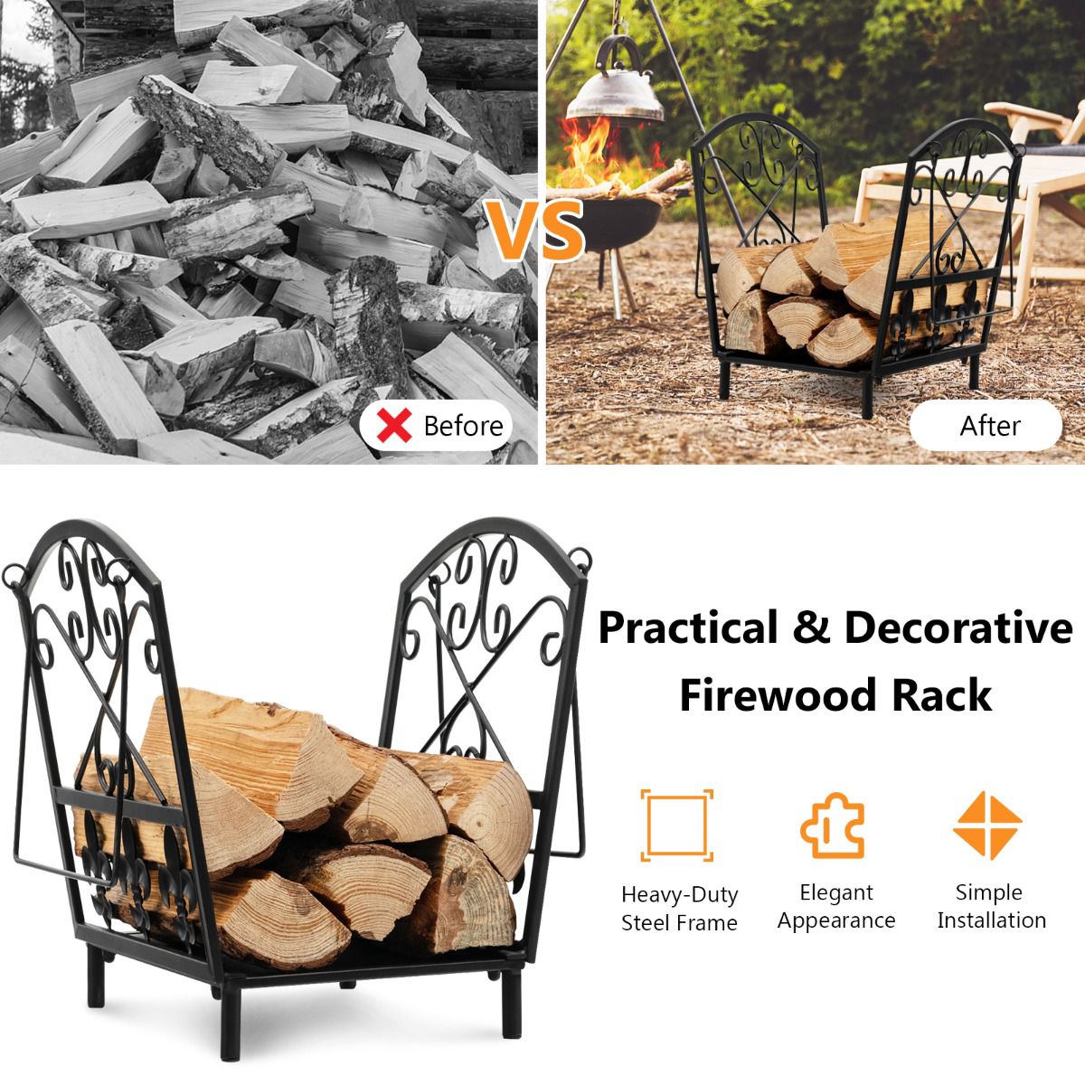 Firewood Rack With Handles, Raised Legs, Steel 110 lb