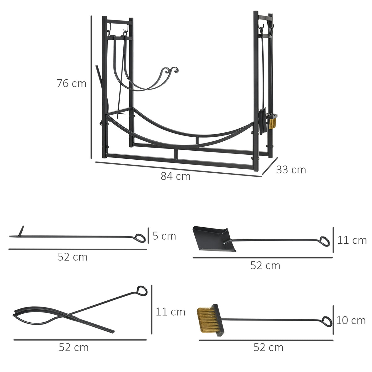 Firewood Rack Wood Stand Wood Shelf With 4 Hooks 2 Layers Metal Black 84 X 33 X 76 Cm