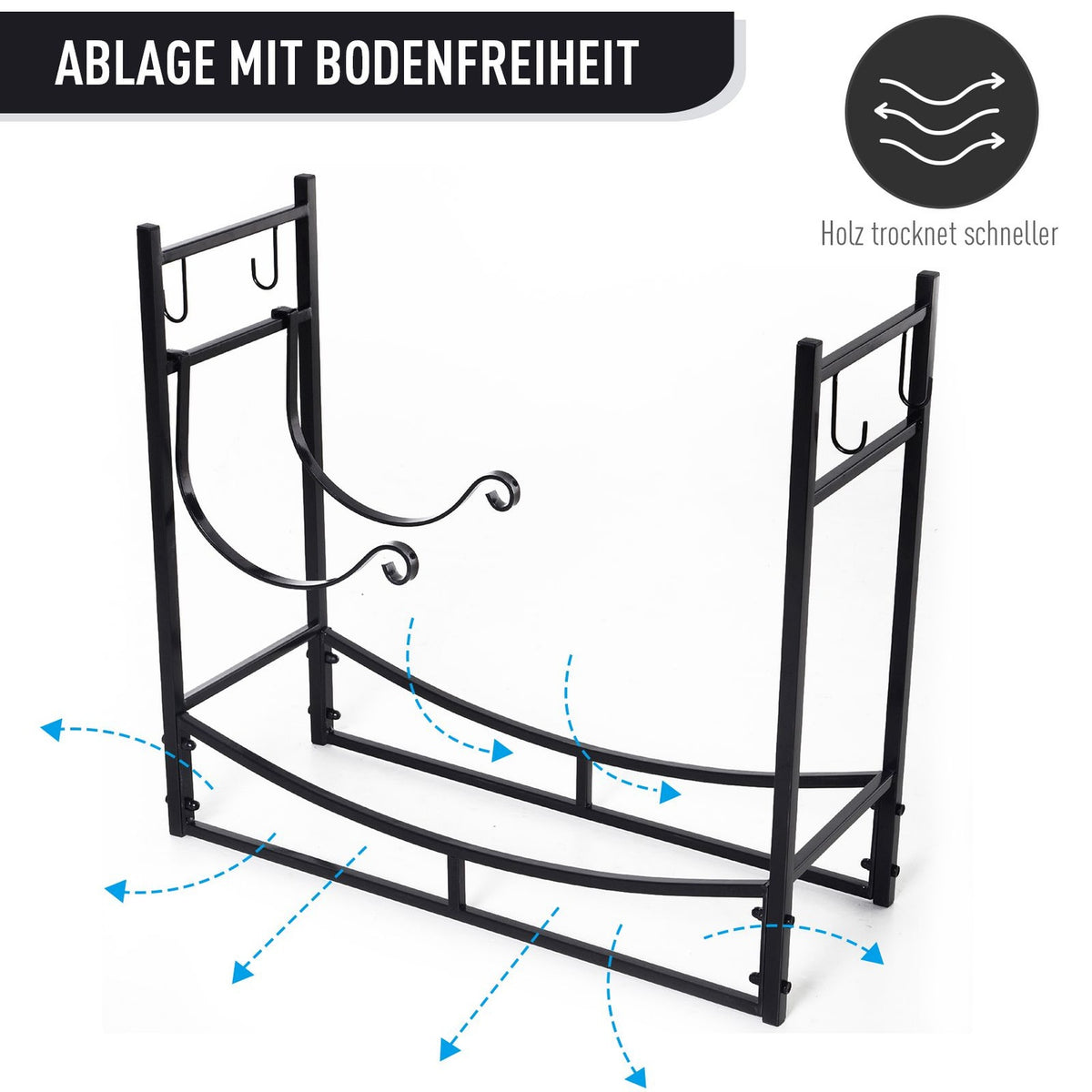Firewood Rack Wood Stand Wood Shelf With 4 Hooks 2 Layers Metal Black 84 X 33 X 76 Cm