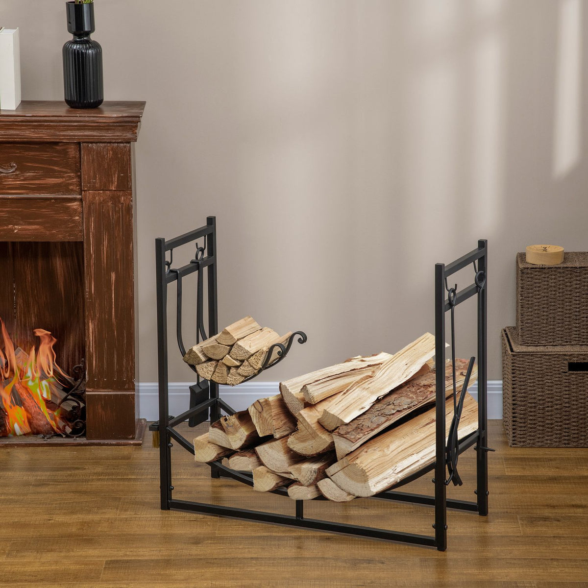 Firewood Rack Wood Stand Wood Shelf With 4 Hooks 2 Layers Metal Black 84 X 33 X 76 Cm