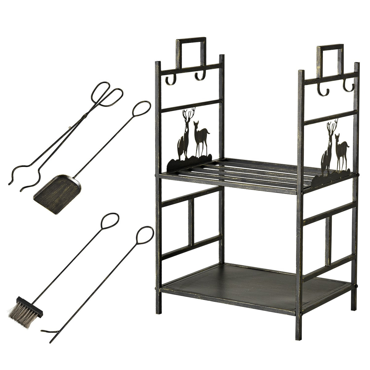 Firewood Stand With Fireplace Cutlery, Firewood Rack, Firewood Rack, Fireplace Tool, Iron, Gold, 51.5 X 33 X 77 Cm