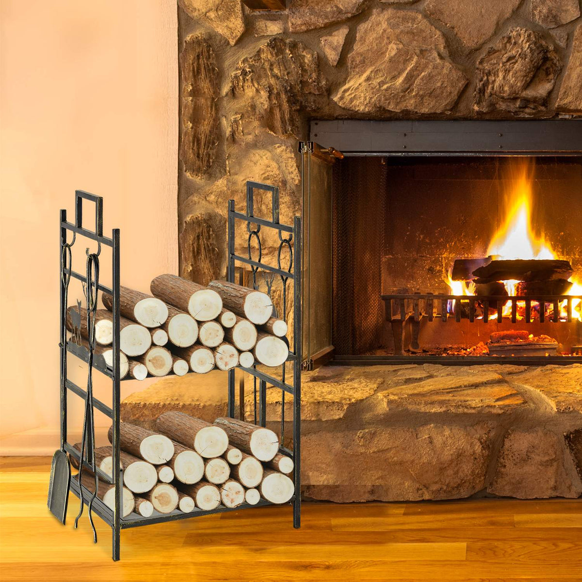 Firewood Stand With Fireplace Cutlery, Firewood Rack, Firewood Rack, Fireplace Tool, Iron, Gold, 51.5 X 33 X 77 Cm