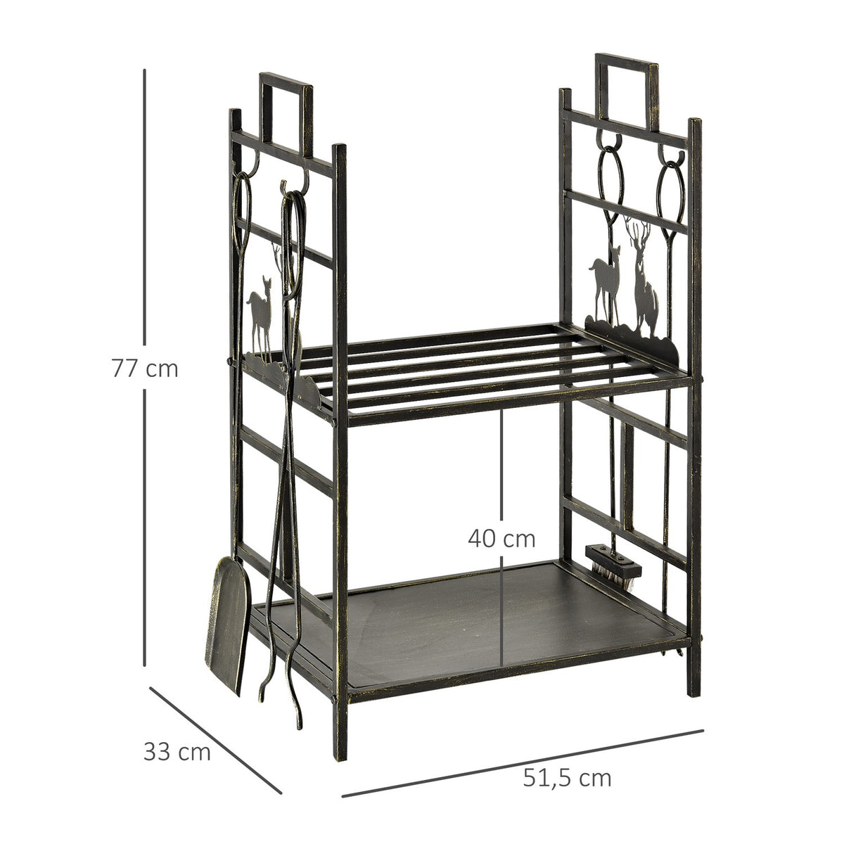 Firewood Stand With Fireplace Cutlery, Firewood Rack, Firewood Rack, Fireplace Tool, Iron, Gold, 51.5 X 33 X 77 Cm