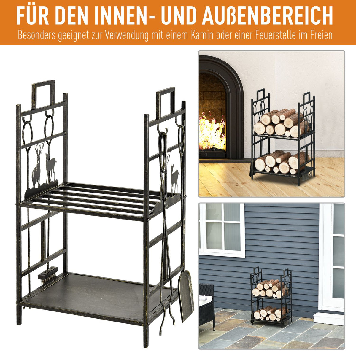 Firewood Stand With Fireplace Cutlery, Firewood Rack, Firewood Rack, Fireplace Tool, Iron, Gold, 51.5 X 33 X 77 Cm