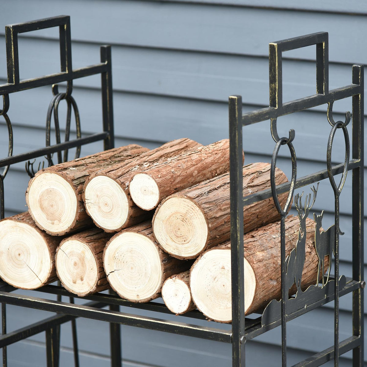 Firewood Stand With Fireplace Cutlery, Firewood Rack, Firewood Rack, Fireplace Tool, Iron, Gold, 51.5 X 33 X 77 Cm