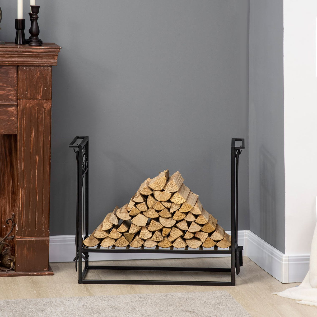 Firewood Stand With Fireplace Cutlery, Firewood Rack, Firewood Rack, Fireplace Tool, Steel Black 75 X 30 X 60 Cm