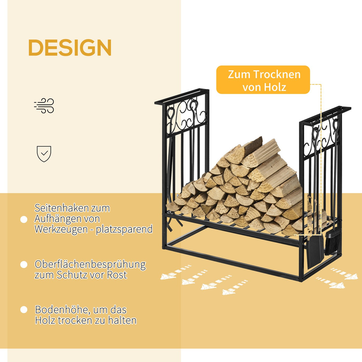 Firewood Stand With Fireplace Cutlery, Firewood Rack, Firewood Rack, Fireplace Tool, Steel Black 75 X 30 X 60 Cm