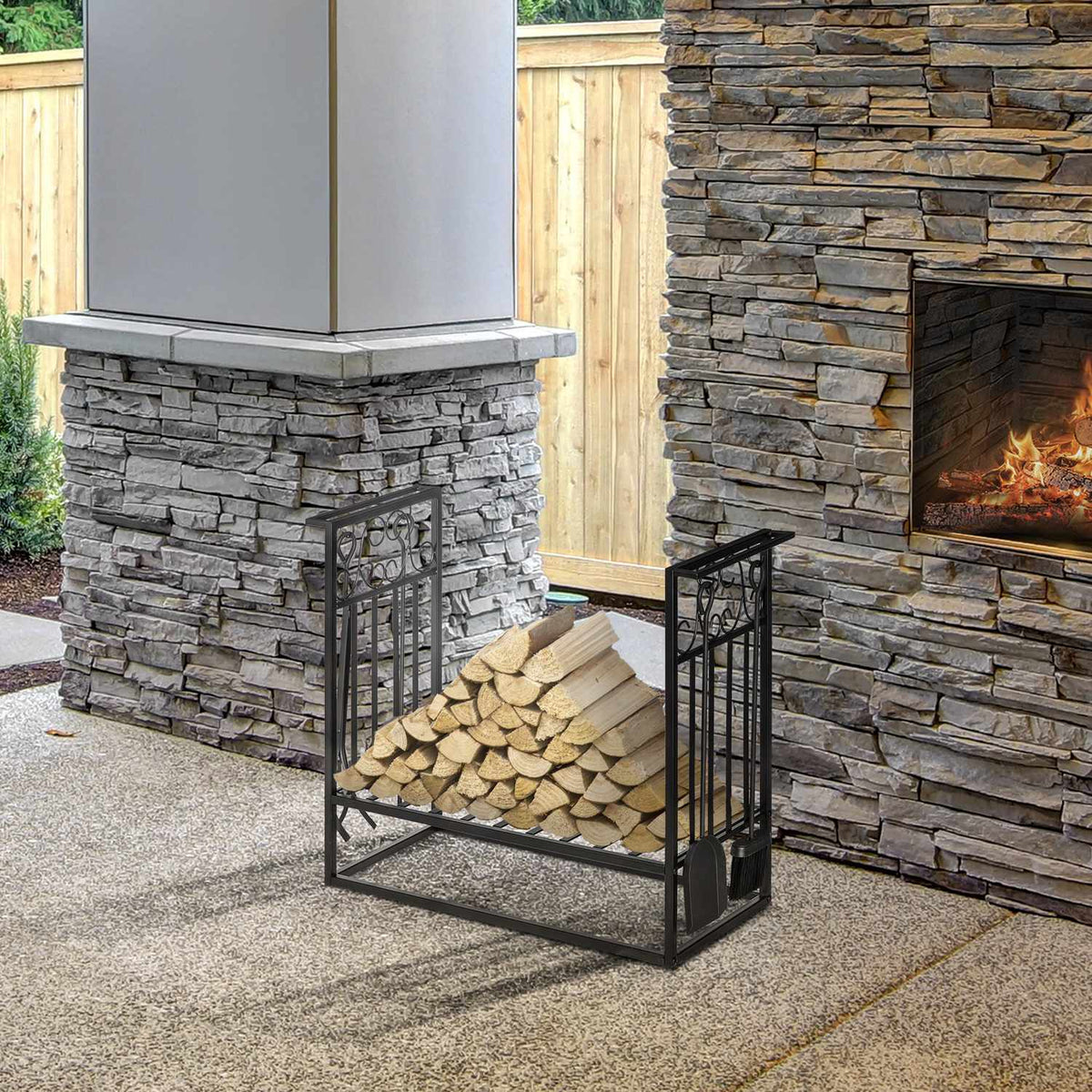Firewood Stand With Fireplace Cutlery, Firewood Rack, Firewood Rack, Fireplace Tool, Steel Black 75 X 30 X 60 Cm