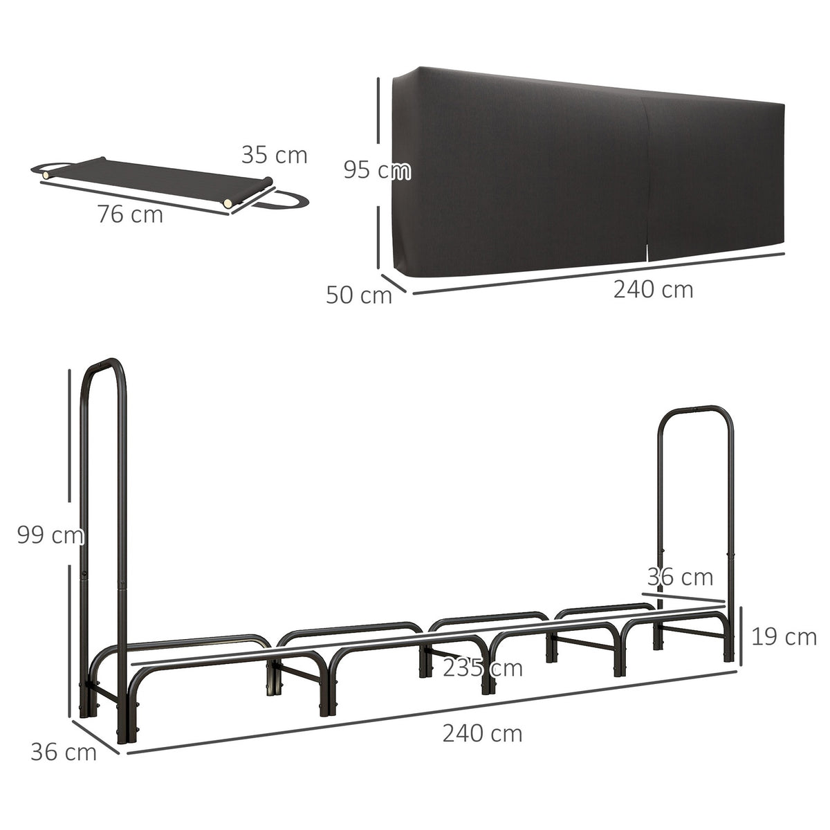 Firewood rack, 0.67 m³, with carrying bag & cover, metal frame, up to 200 kg, 240 x 36 x 99 cm, black